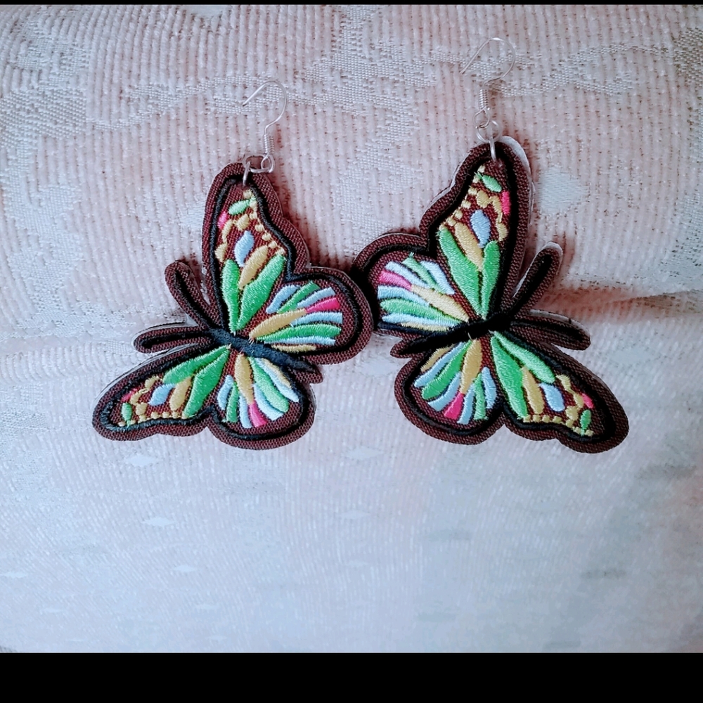 !Sale! Brown Embroidery Butterfly Earrings